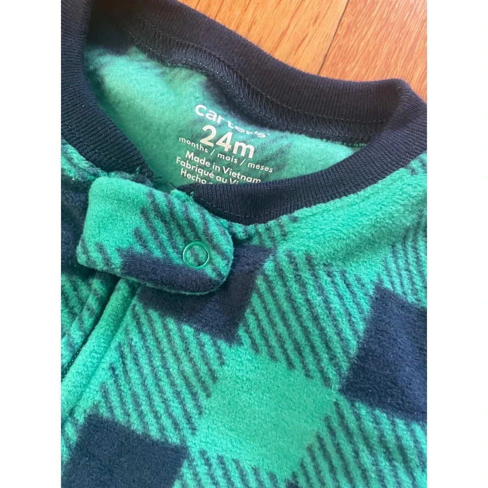 Carters 24M Teal Navy Buffalo Check Yeti Fleece Footed Sleeper Pajamas NWT